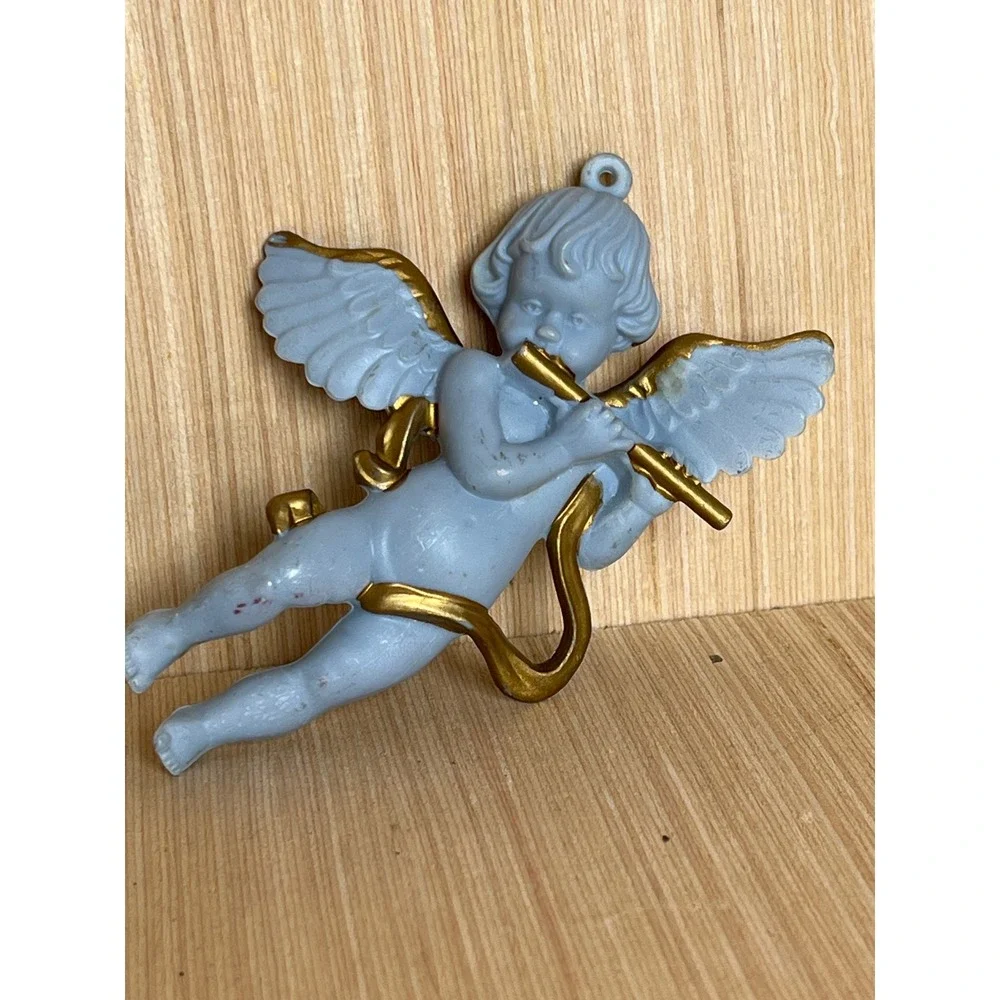 Vintage Light Blue Cherub and Trumpet Musical Christmas Ornaments Gold Accents